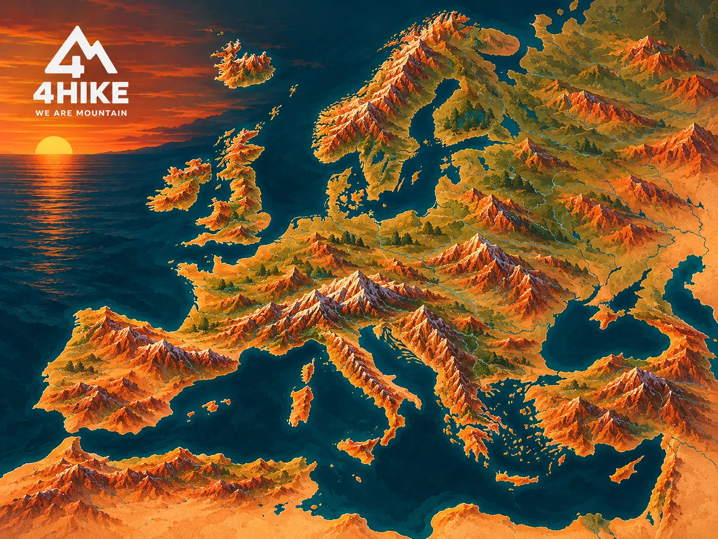 Illustrated relief map of Europe with the 4HIKE destinations